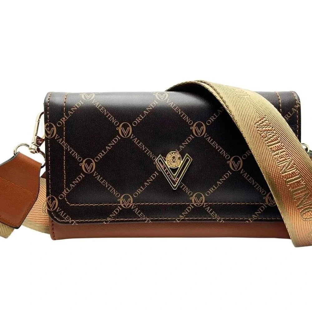 Valentino Orlandi cognac brown quilted logo flap crossbody